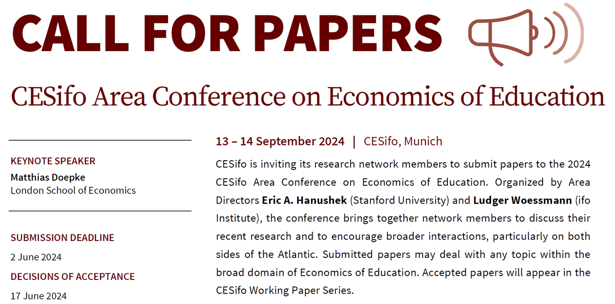 📢Call for papers:📢 @CESifoNetwork Area Conference on Economics of Education (co-organized with @EricHanushek) 13-14 Sept 2024, Munich Keynote: @mdoepke 👉 cesifo.org/en/event/2024-… Submission deadline: 2 June 2024 Past programs: sites.google.com/view/woessmann…