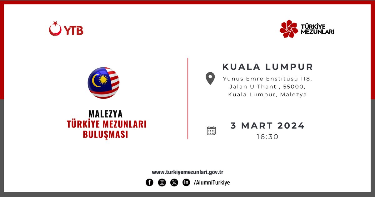Malezyalı Türkiye Mezunları Kuala Lumpur’da buluşuyor! 🗓️03.03.2024 🕟16.30 📍Kuala Lumpur ✅Programa katılmak için lütfen formu doldurunuz: forms.office.com/r/KxJBtUSt1V