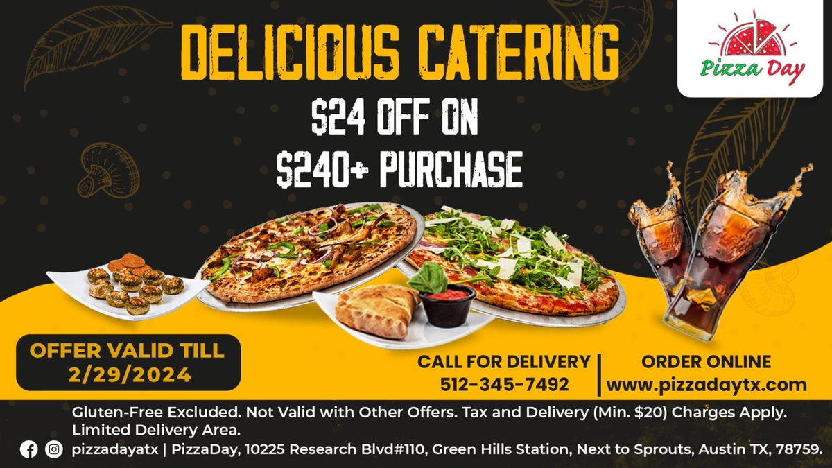 Indulge your craving for a crowd-pleasing spread with @Pizzadaytx's irresistible catering!

#pizzadaytx #keepaustineatin #CateringDeals #austincatering #catering #pizzaparty #PartyPerfection #CateringSpecials #pizzalovers #LimitedTimeOnly #atxfooddelivery #DeliciousSavings