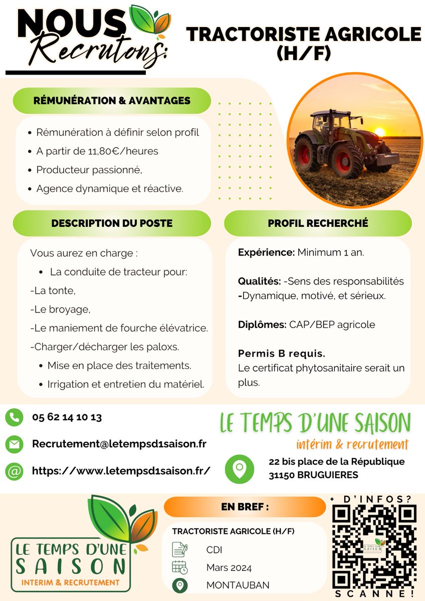 KolvenInterim's tweet photo. offre d'emploi en #CDI 
#Tractoriste #Agricole à #Montauban dépt 82
toutes les renseignements sur le poste et pour postuler sont dans les images jointes ! https://t.co/CpHlPCI0v4