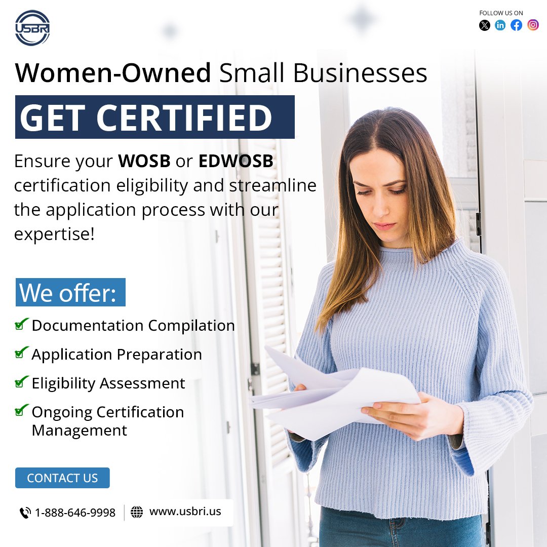 Strive for success with WOSB and EDWOSB certification.

Visit: unitedstatesbusinessregistration.us/wosb-edwosb-wo…
.
.
.
#USBRI #SBAcertified #DUNSnumber #CAGECode #NAICSCode #ContractingOpportunities #SmallBiz  #Procurement  #VendorRegistration  #FederalContracts