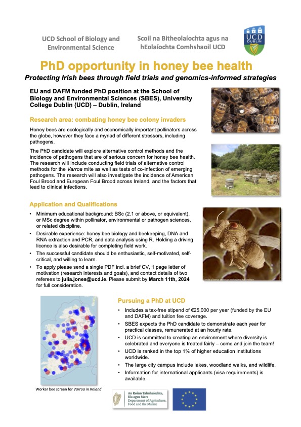 PLs RT! Interested in #honey #bee health? Come do a #PhD @UCDSBES @UCDEarth on 'Protecting Irish #bees through field trials and genomics-informed strategies' - with me @Dar_OConnell @cristinabotias @NJBBrereton @DaraStanley et al. #pathogens #PhDposition Details below