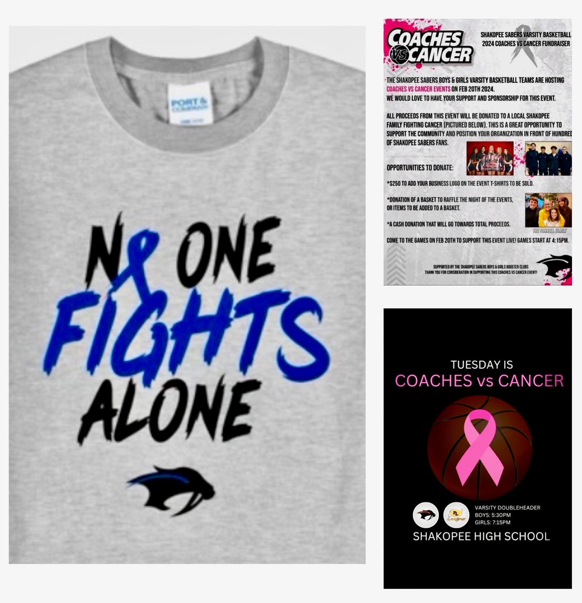 Tonight is Coaches VS Cancer. Boys and Girls doubleheader at home VS Prior Lake.  Come cheer your Sabers on and support a great cause!