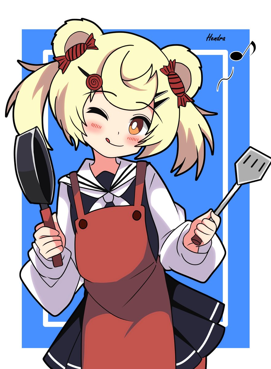 1girl frying pan one eye closed solo animal ears blonde hair tongue  illustration images
