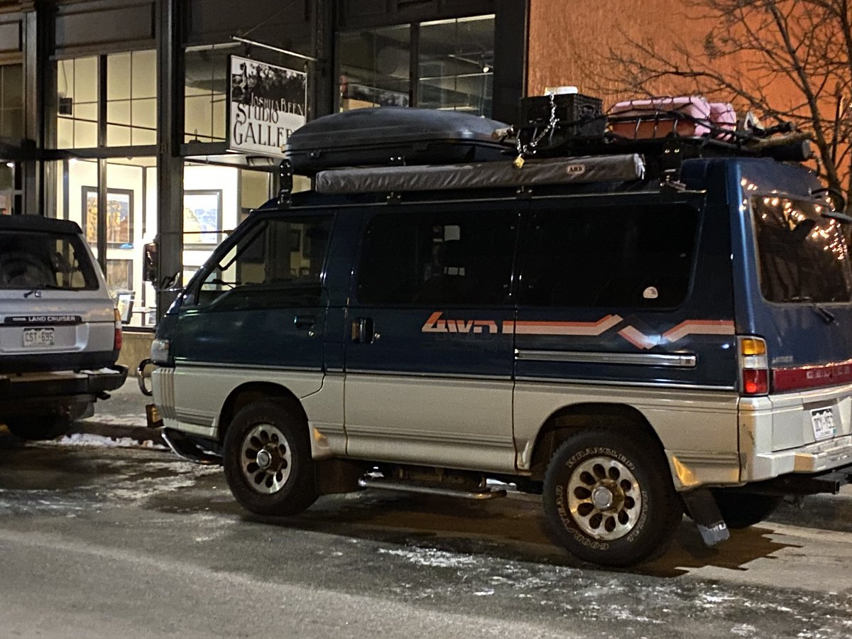 Check it: an outlaw Mitsubishi Delica Van SUV truck in downtown Salida fitted as expected for Colorado. Can we get one @mitsucars? #carspotter