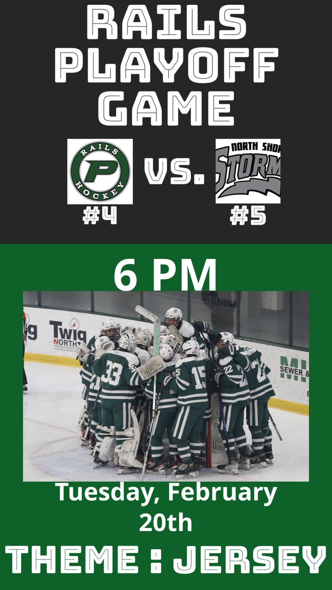 proctorhockey's tweet photo. Playoffs???  We're talking about Playoffs???

Yep that's right!!  Your Rails take on North Shore tonight at 6pm AT HOME!!!

Wear your jersey, pack the @StLukesArena and cheer on your @Rails_Hockey 💚🏒🥅🤍
@704Athletics https://t.co/ktuGVjyEep