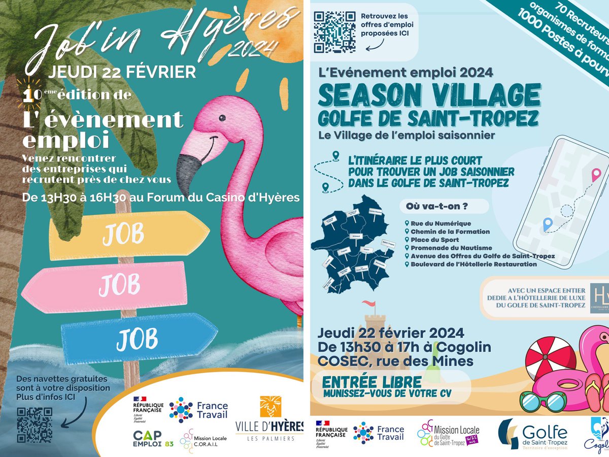 🏝️🦩Le temps des #FORUMS #SAISONNIERS 2024 est lancé avec <a href="/FranceTravail/">France Travail</a> dans le #Var !
Les Événements emploi de #GolfeDeSaintTropez  &amp; de #Hyères ouvrent le bal ce jeudi 22 février
 Ils réunissent à eux 2 :
👉 160 entreprises qui recrutent 
👉 Plus de 2000 offres d’emploi