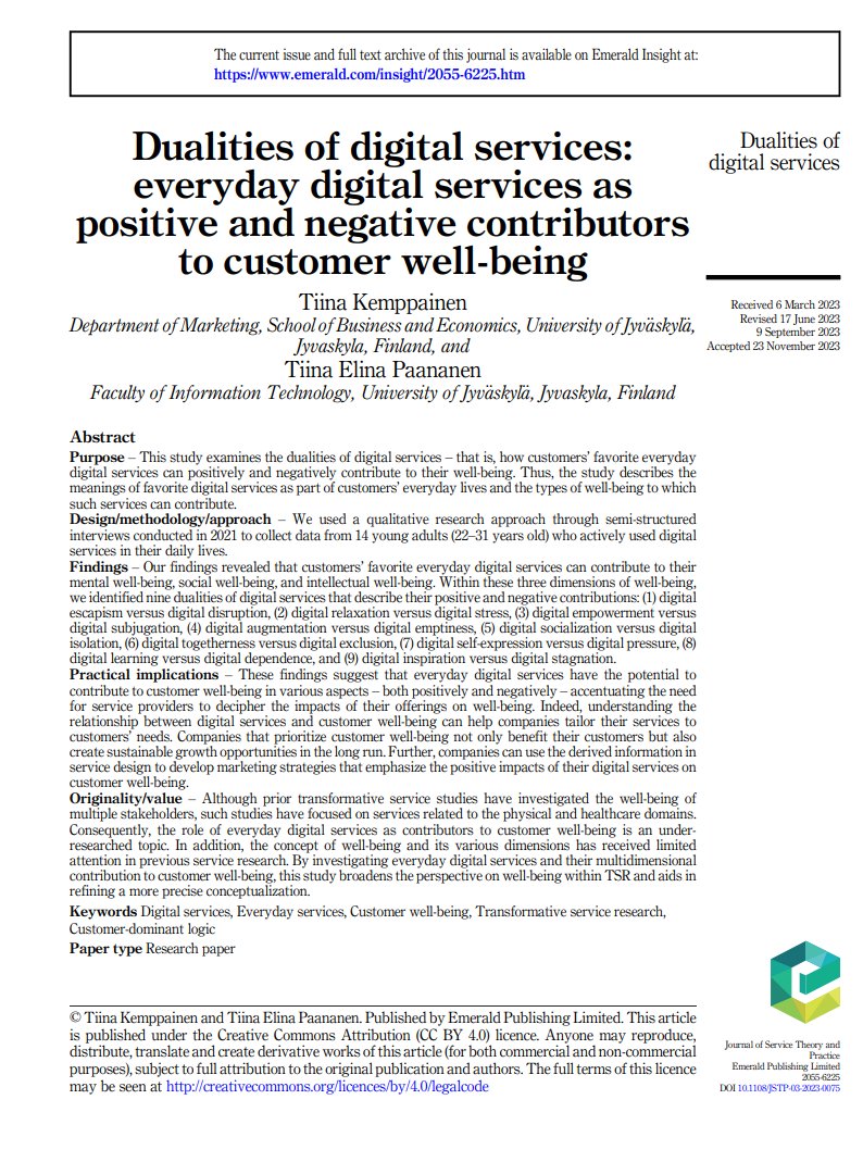 Latest CPSS Publications: "Dualities of digital services: everyday digital #services as positive and negative contributors to customer well-being" authored by Tiina Kemppainen and  <a href="/PaananenTiina/">-</a>  published in Journal of Service Theory and Practice

Link: lnkd.in/dg8scgqF
