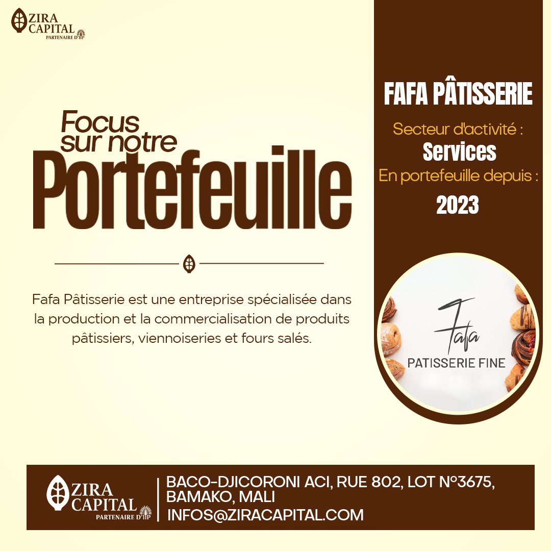 Focus sur notre portefeuille : FAFA-Pâtisserie fine, une entreprise du secteur des services spécialisée dans la production et la commercialisation de produits pâtissiers, viennoiseries et fours salés. 🍰🥐
#FafaPâtisserie #Services #Gastronomie #entrepreneur #portfeuille #projets