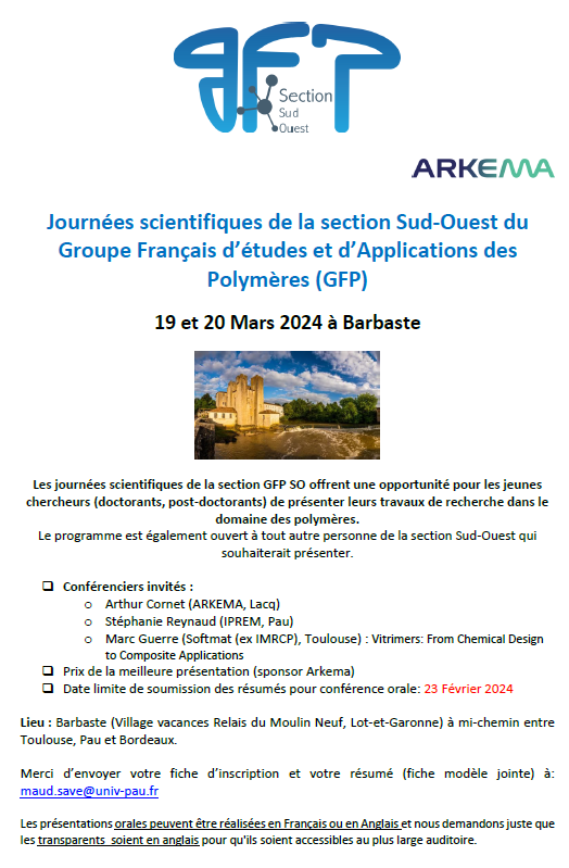 ChristopheFlie1's tweet photo. Plus que quelques jours pour soumettre votre abstract pour les "Journées scientifiques de la section Sud-Ouest du GFP" ! Une bonne opportunité pour les jeunes (et les moins jeunes) chercheurs de présenter leurs travaux ! @gfpolymeres @LCC_CNRS @CNRSchimie https://t.co/lj14n7pJNg