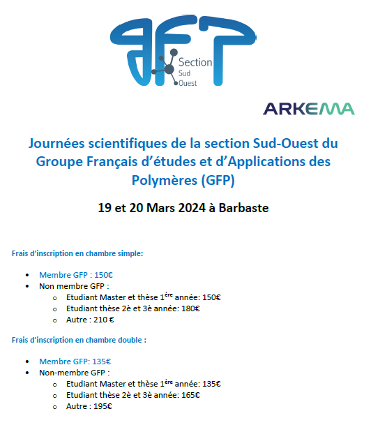 ChristopheFlie1's tweet photo. Plus que quelques jours pour soumettre votre abstract pour les "Journées scientifiques de la section Sud-Ouest du GFP" ! Une bonne opportunité pour les jeunes (et les moins jeunes) chercheurs de présenter leurs travaux ! @gfpolymeres @LCC_CNRS @CNRSchimie https://t.co/lj14n7pJNg