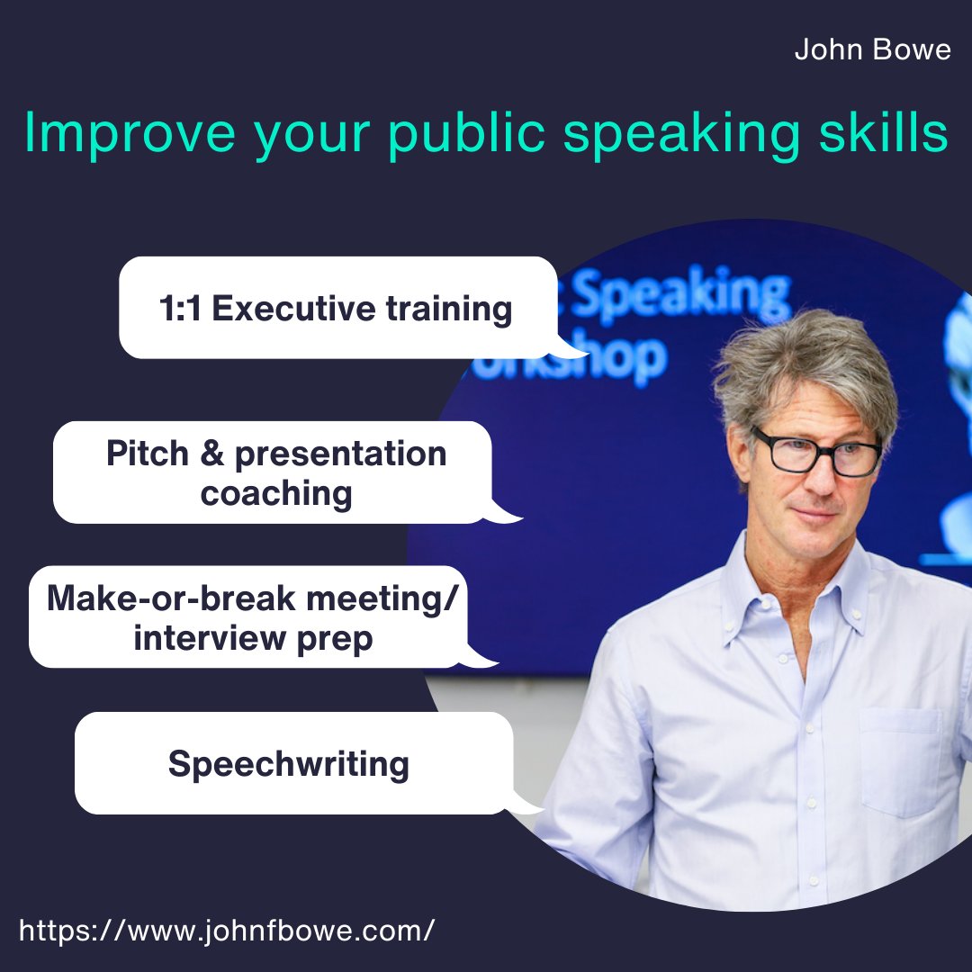 John Bowe (@johnfbowe) on Twitter photo Improve your public speaking skills: 1:1 Executive training, Pitch & presentation coaching, Make-or-break meeting and interview prep, and Speechwriting available at johnfbowe.com
#johnfbowe #ihavesomethingtosay #publicspeaking #publicspeakingcoach #speechwriting Improve your public speaking skills: 1:1 Executive training, Pitch & presentation coaching, Make-or-break meeting and interview prep, and Speechwriting available at johnfbowe.com
#johnfbowe #ihavesomethingtosay #publicspeaking #publicspeakingcoach #speechwriting