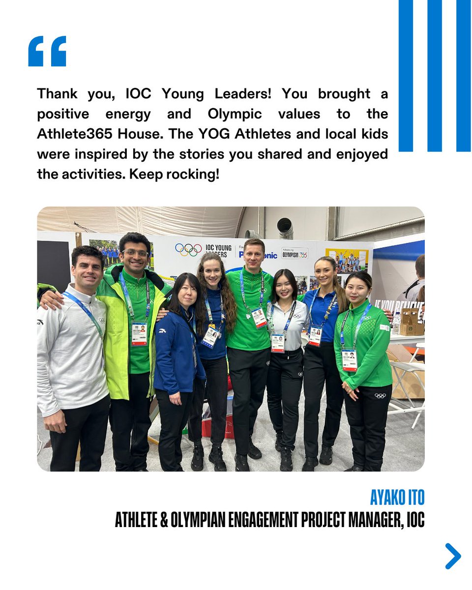 iocyoungleaders's tweet photo. Our success at #YOG @gangwon2024 shone even brighter thanks to the team behind the team. Swipe to see some of our key allies and what they say about #IOCYoungLeaders.  
@iocmedia  @ChKlaue https://t.co/CrZ78YrHS4