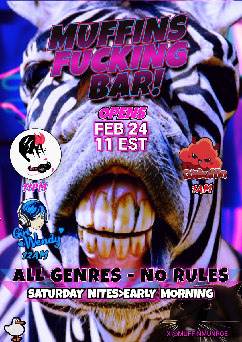 11PM>REVII <a href="/TheDrunkenDemon/">Revii</a> 
12AM>GIRLWENDY @GirlWendy3DX 
1 AM>DJMUFFIN <a href="/MuffinMunroe/">Muffin Munroe</a> 
JOIN US THIS WEEK AS I AM BOOTED TO THE BACK OF THE DJ LINE BY THESE TWO HUSSYS