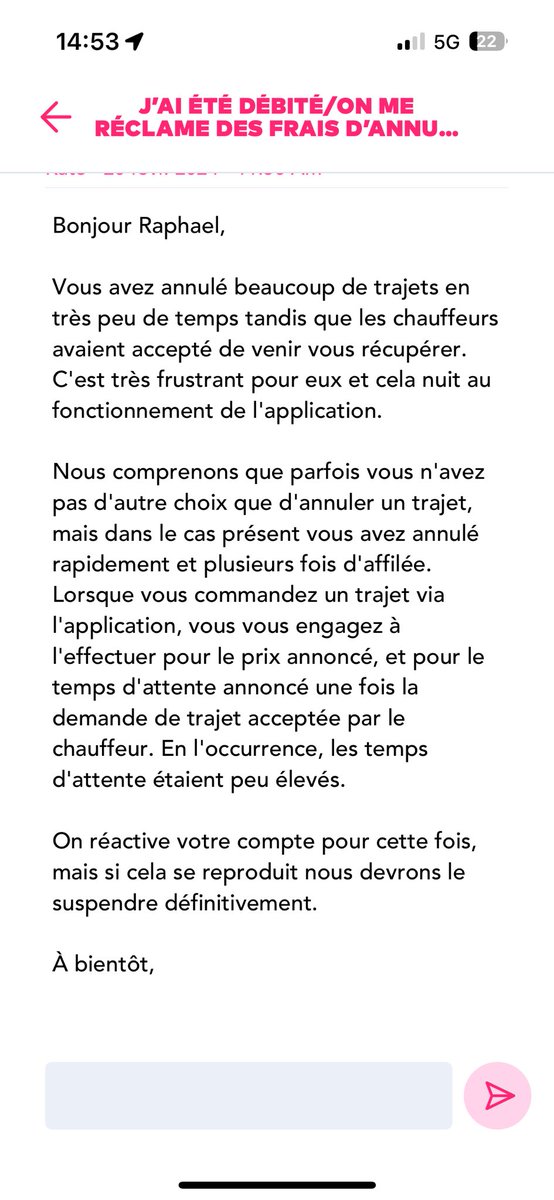 La grande classe chez <a href="/Heetch/">Heetch</a> / <a href="/heetch_help/">Captain Heetch</a> 
Quand tu évoques le comportement inadmissible de leurs chauffeurs qui annulent la course si le montant ne leur convient pas, au lieu de s’excuser ils te menacent de fermer ton compte et critiquent ton utilisation.