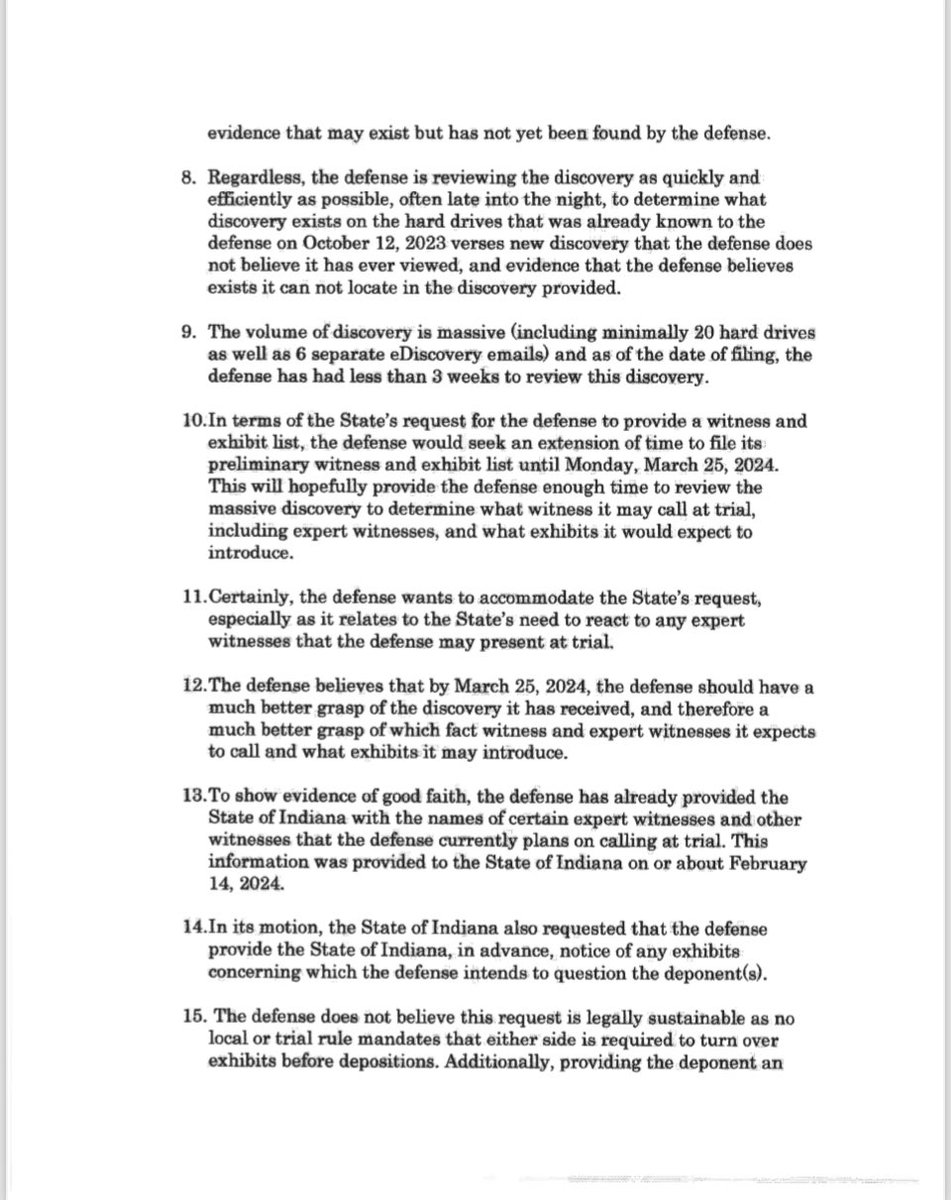 defense_diaries's tweet photo. 🚨🚨#Delphi Update🚨🚨

#RichardAllen's attorneys have filed the below response to the State's Motion to Compel Discovery.  Due to the late and voluminous tendering of discovery by the State, D is asking for an extension of time in providing its witness list to the State until 3/25/24. 
#JusticeforAbbyandLibby