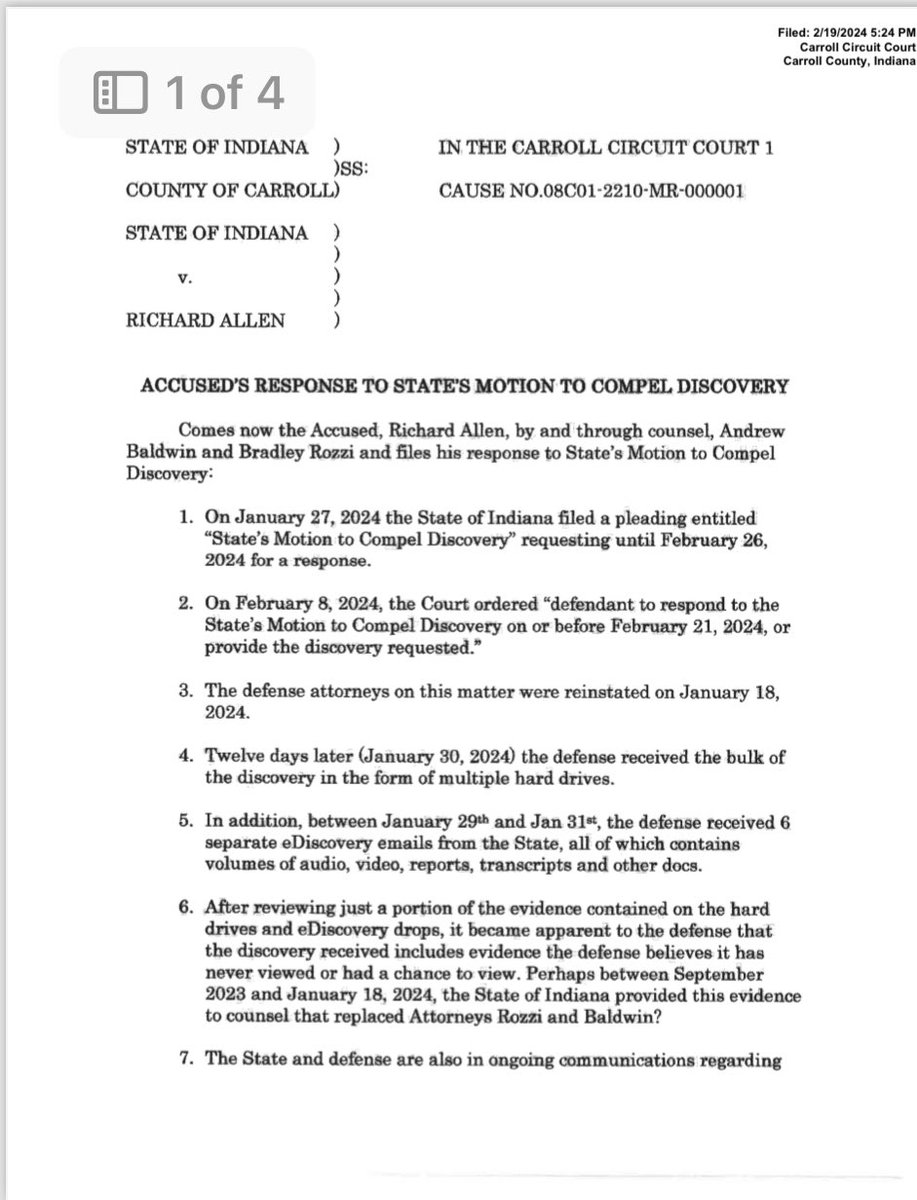 defense_diaries's tweet photo. 🚨🚨#Delphi Update🚨🚨

#RichardAllen's attorneys have filed the below response to the State's Motion to Compel Discovery.  Due to the late and voluminous tendering of discovery by the State, D is asking for an extension of time in providing its witness list to the State until 3/25/24. 
#JusticeforAbbyandLibby