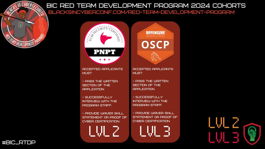 BlackInCyberCo1's tweet photo. Blacks In Cybersecurity is excited to announce our Red Team Development Program Cohorts will be available all 2024!
https://t.co/ijbyfUvT9F
#BlacksInCyber #BIC_CTF #BICCTF #CaptureTheFlag #BICREDTEAM #APTBLACK #BIC_CLADP #BIC_RTDP #BlacksInCybersecurity https://t.co/zWgm4uPdyb