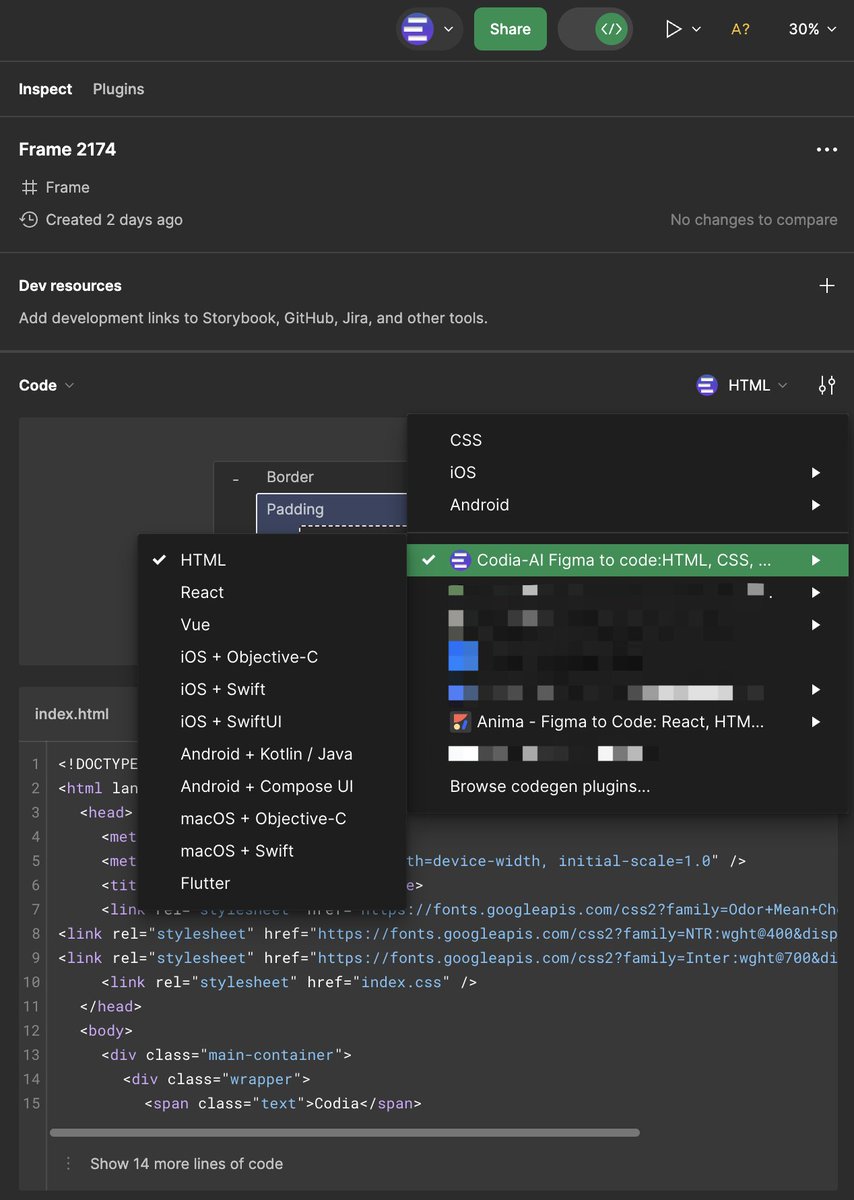 codia_d2c's tweet image. I'm pleased to announce that Codia AI Figma to Code now supports Figma's new Dev Mode. You can conveniently generate code snippets or the complete code for an entire design in Dev Mode. @figma #devmode #figmatocode
