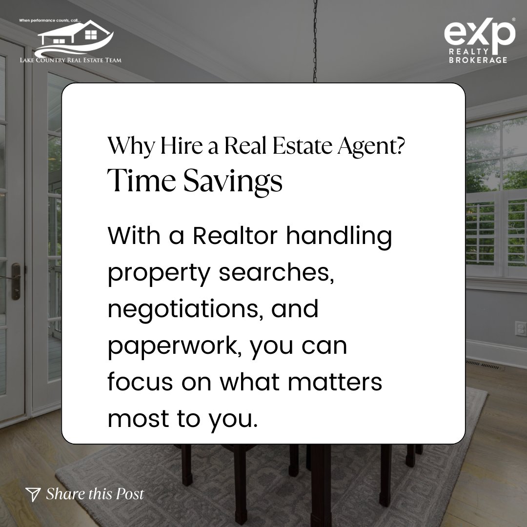 🏡⏰ Why Hire a Real Estate Agent? ⏰🏡

Time is precious, and we're here to help you make the most of it! With a dedicated Realtor by your side, you'll enjoy invaluable time savings, allowing you to focus on what truly matters to you.

#RealEstateAgent #TimeSavings #Efficiency