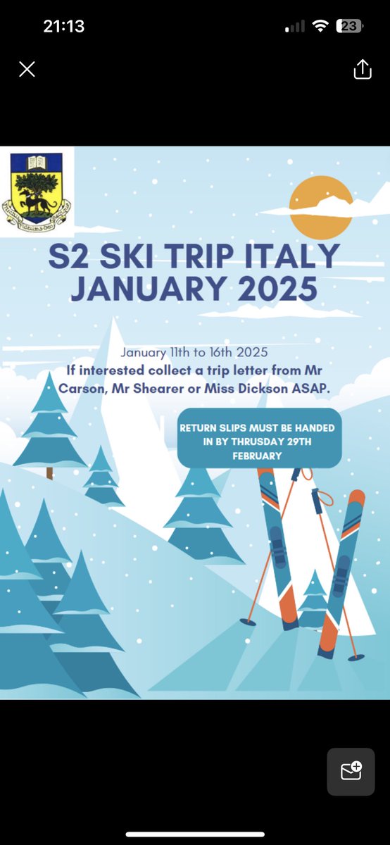 Miss Dickson (@missdickson5) on Twitter photo S2 Ski Trip Italy Jan 2025. The ski trip for current S2 pupils has officially been launched! This trip is suitable from beginner level to advanced. Get your letter from Mr Carson, Mr Shearer or Miss Dickson if interested. ⛷️ ❄️ 🎿 <a href="/LinlithGeoRocks/">Linlithgow Geography</a> <a href="/Linlithgow_Acad/">Linlithgow Academy</a> <a href="/LAHumanities_/">Linlithgow Academy Humanities</a> S2 Ski Trip Italy Jan 2025. The ski trip for current S2 pupils has officially been launched! This trip is suitable from beginner level to advanced. Get your letter from Mr Carson, Mr Shearer or Miss Dickson if interested. ⛷️ ❄️ 🎿 <a href="/LinlithGeoRocks/">Linlithgow Geography</a> <a href="/Linlithgow_Acad/">Linlithgow Academy</a> <a href="/LAHumanities_/">Linlithgow Academy Humanities</a>