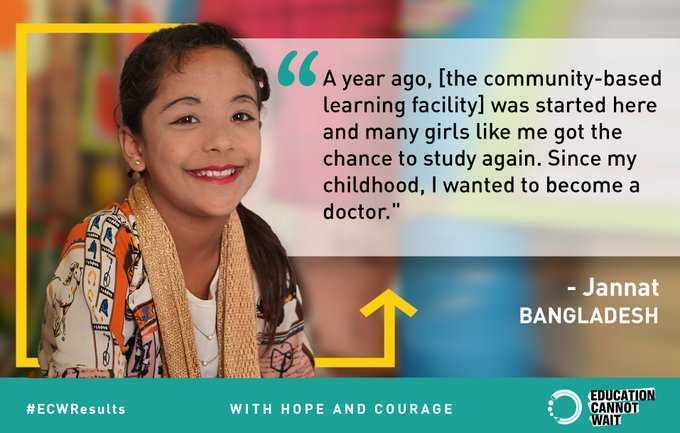 'A year ago, the community-based learning facility was started here & many girls like me got the chance to study again.' ~Jannat 🇧🇩

#ECW support is helping girls like Jannat keep their dreams alive! 

Learn more👉bit.ly/ECWResults22

@UN #ECWResults #222MillionDreams✨📚