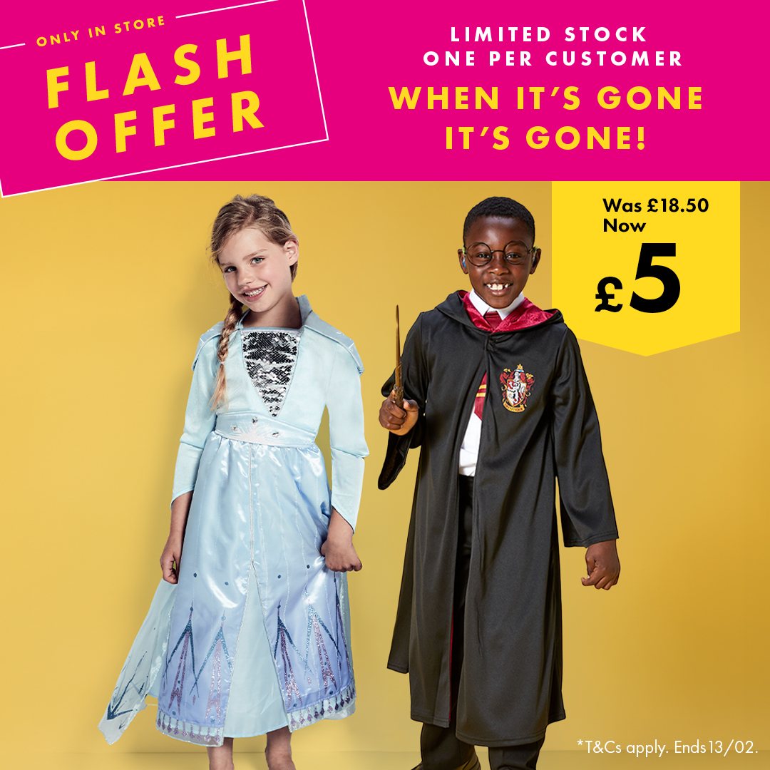 holllowley's tweet photo. Our first flash offer is LIVE! Normally £18.50, you can now get your hands on a Harry Potter or Elsa costume for just £5 - yes, a fiver! 😮 In store only and once they’re gone, they’re gone. https://t.co/b57Xt8G5Ib