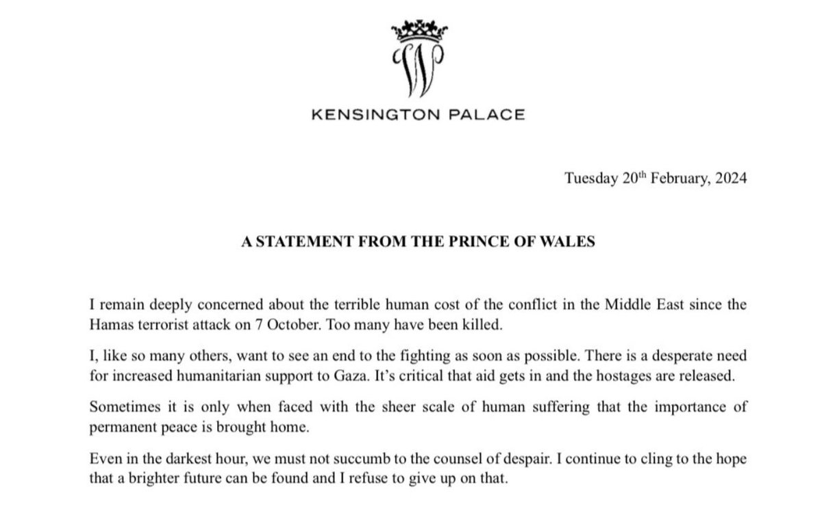 ShaykhSulaiman's tweet image. BREAKING: PRINCE WILLIAM SPEAKS OUT ABOUT THE LOSS OF LIFE - “IN THE DARKEST HOUR, WE MUST NOT SUCCUMB TO DESPAIR"

“I remain deeply concerned about the terrible human cost of the conflict in the Middle East since the Hamas terrorist attack on 7 October. Too many have been