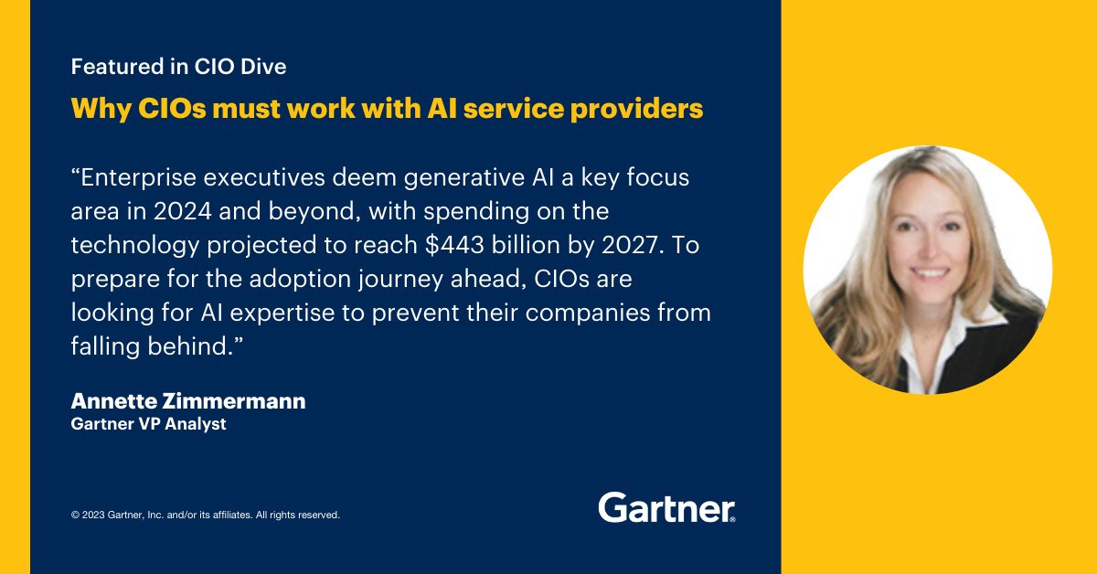 Gartner_inc's tweet photo. In a new @CIOdive article, Gartner expert Annette Zimmermann discussed why executives should help their organizations become data-centric and work with vendors to create secure use cases.

Read more: https://t.co/7fSTGzNNIT 

#GartnerIT #GartnerTGI https://t.co/y6X2Fo28PM