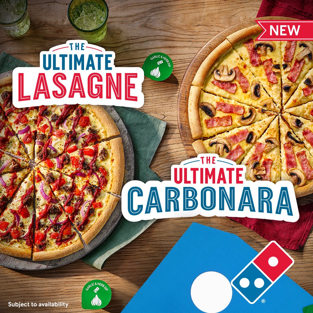 Pasta 🤝 Pizza

Try our BRAND NEW Ultimate Carbonara today and get the Ultimate Lasagne completely FREE! 🍕🍕🤯

Two for Tuesday available all day on the Domino's app!