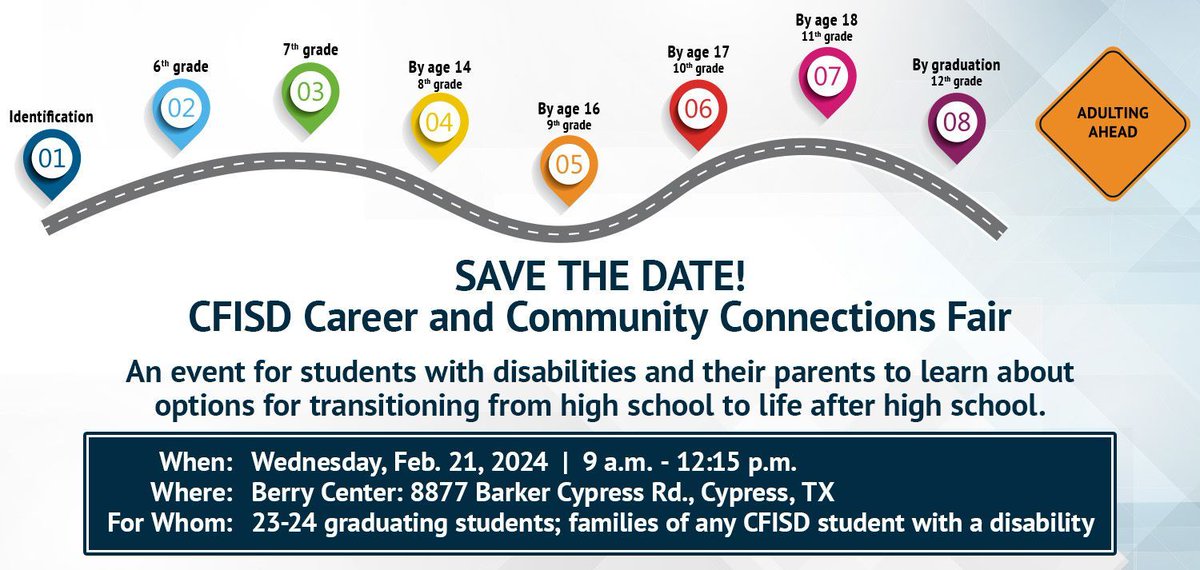 The Career and Community Connections Fair is tomorrow, Feb. 21, from 9 a.m.-1 p.m. at the @BerryCenter--an event for graduating students with disabilities and ALL parents to learn about options for transitioning to life after high school. Learn more: cfisd.net/Page/2#calenda….