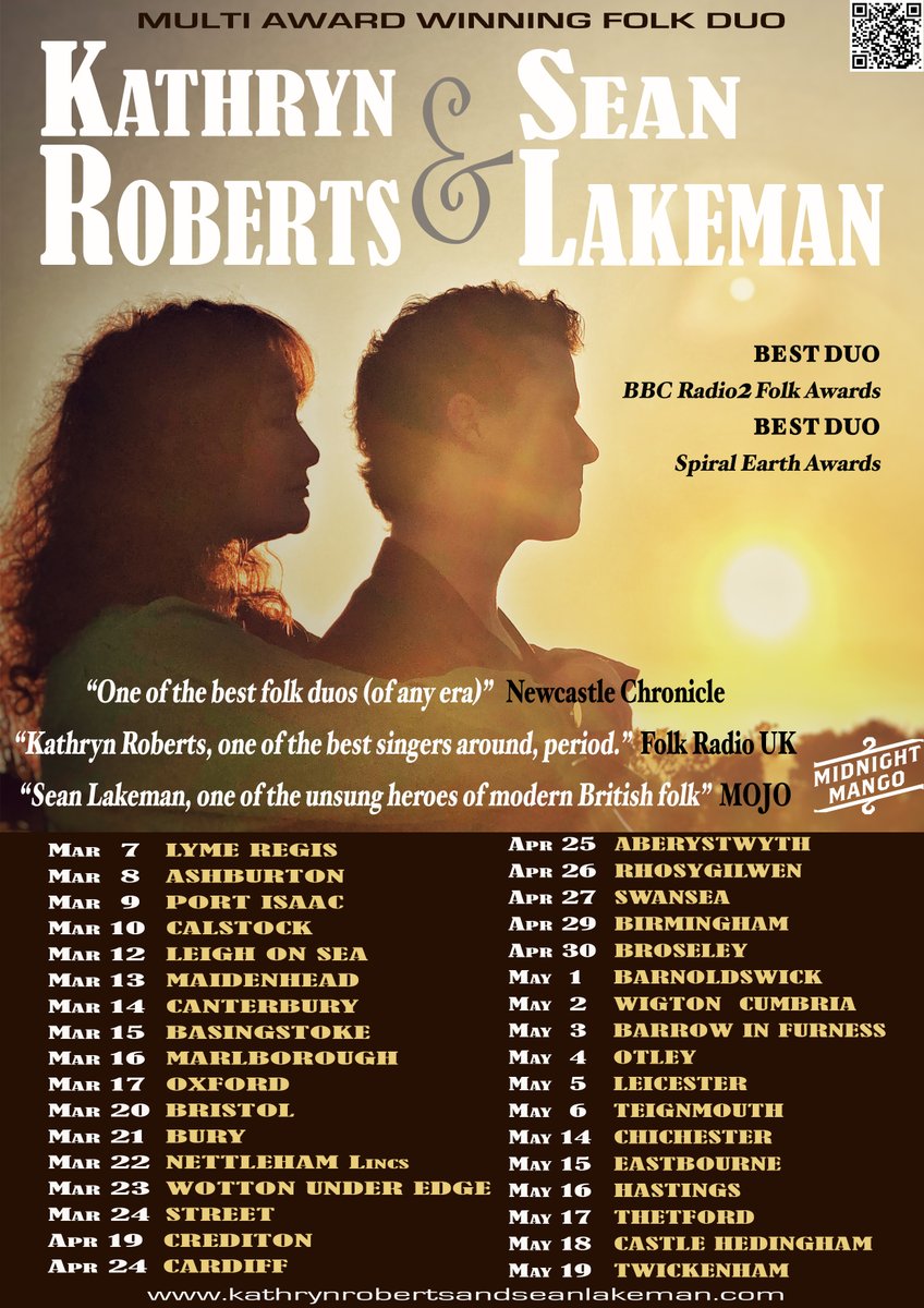 ᴋᴀᴛʜʀʏɴ ʀᴏʙᴇʀᴛs + sᴇᴀɴ ʟᴀᴋᴇᴍᴀɴ (@kathryn_sean) on Twitter photo Just a couple of weeks until we embark on our spring tour
Are we coming near you?
Most venues selling well but there are tickets left
kathrynrobertsandseanlakeman.com/tour
#folk
<a href="/marinetheatre/">Marine Theatre Lyme Regis</a>
<a href="/ashburtonarts/">Ashburton Arts</a>
<a href="/EndelientaNews/">Endelienta Arts</a>
<a href="/CalstockArts/">Calstock Arts</a>
<a href="/hoyatanchorfolk/">Hoy At Anchor Folk Club</a>
<a href="/nordenfarm/">Norden Farm</a>
<a href="/FolkintheBarn/">Folk in the Barn</a>
<a href="/AnvilArts/">Anvil Arts</a> Just a couple of weeks until we embark on our spring tour
Are we coming near you?
Most venues selling well but there are tickets left
kathrynrobertsandseanlakeman.com/tour
#folk
<a href="/marinetheatre/">Marine Theatre Lyme Regis</a>
<a href="/ashburtonarts/">Ashburton Arts</a>
<a href="/EndelientaNews/">Endelienta Arts</a>
<a href="/CalstockArts/">Calstock Arts</a>
<a href="/hoyatanchorfolk/">Hoy At Anchor Folk Club</a>
<a href="/nordenfarm/">Norden Farm</a>
<a href="/FolkintheBarn/">Folk in the Barn</a>
<a href="/AnvilArts/">Anvil Arts</a>