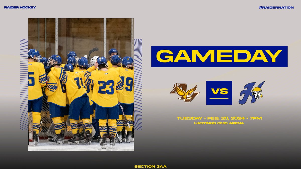 The Raiders will open the Section 3AA playoffs on home ice tonight vs. Apple Valley/Burnsville. Fill the barn!!!! Puck drop - 7:00pm Radio - @KDWA1460 Livestream - youtube.com/live/rHfL_i8BE… Tickets - gofan.co/event/1416427?… Go Raiders!