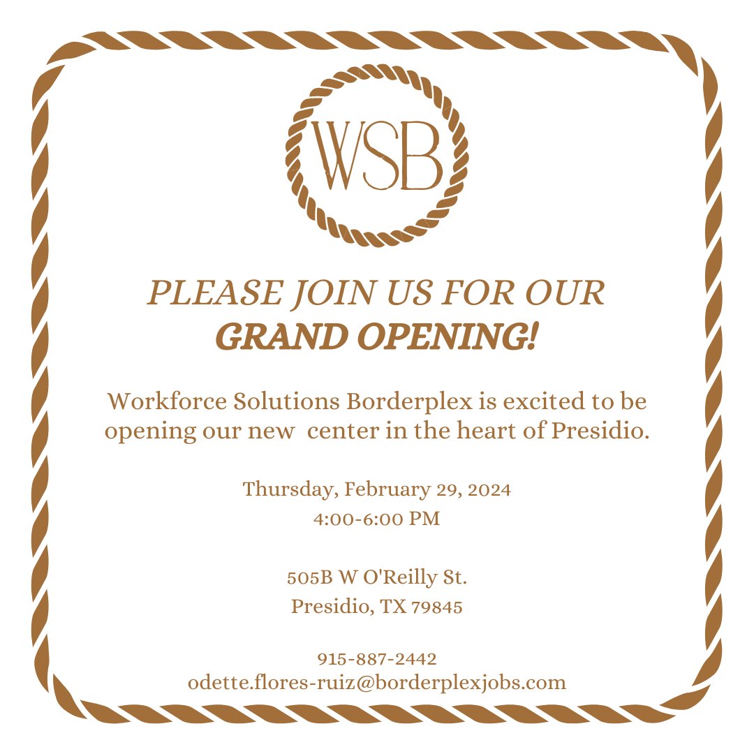 We’re excited to be opening our new center in the heart of Presidio! Join us for our grand opening on Thursday, February 29, 2024 from 4 PM - 6 PM. See you there! 👋