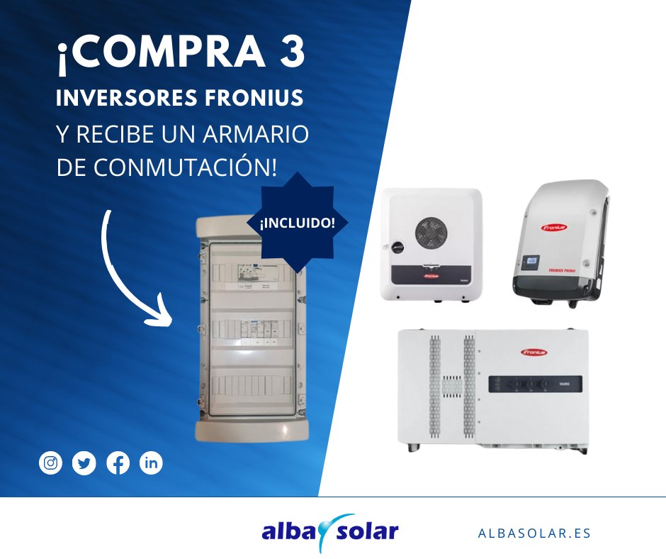 Albasolar's tweet photo. ¡Optimiza tu sistema solar como nunca antes! 🌟 
Compra 3 #inversores @froniussolar y ¡llévate un Armario de Conmutación gratis! 🌞 🙌
👀👉 Los modelos y potencias de los inversores pueden variar para adaptarse a tus necesidades. 
Contáctanos👇
💻https://t.co/itBCo1tT8U https://t.co/ad8Q93YR7c