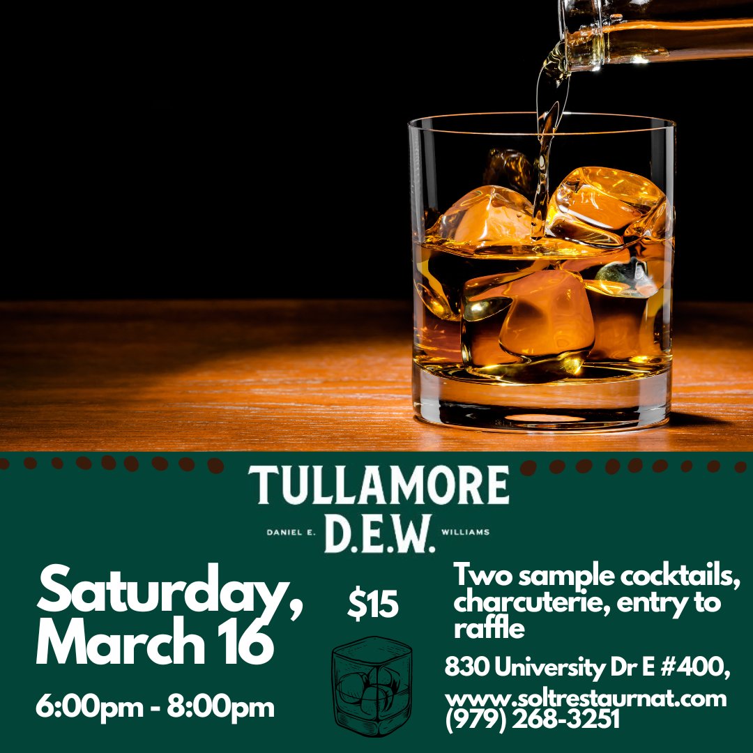Fun event planned for <a href="/Soltrestaurant/">Sôlt Restaurant</a> with <a href="/TullamoreDEW/">Tullamore D.E.W.</a> !

#whiskey #tasting #aggieland