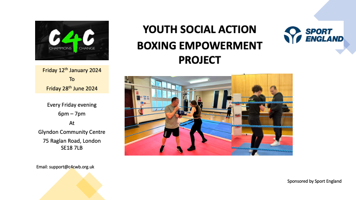 Glyndon Community Centre (@glyndoncgroup) on Twitter photo Youth Social Action Boxing Empowerment 🥊🥊
When: Friday 12th January 2024 - Friday 28th June 2024 Every Friday evening 6pm - 7pm
Where: Glyndon Community Centre 75 Raglan Road, London SE18 7LB
For more information please email: support@c4cwb.org.uk Youth Social Action Boxing Empowerment 🥊🥊
When: Friday 12th January 2024 - Friday 28th June 2024 Every Friday evening 6pm - 7pm
Where: Glyndon Community Centre 75 Raglan Road, London SE18 7LB
For more information please email: support@c4cwb.org.uk