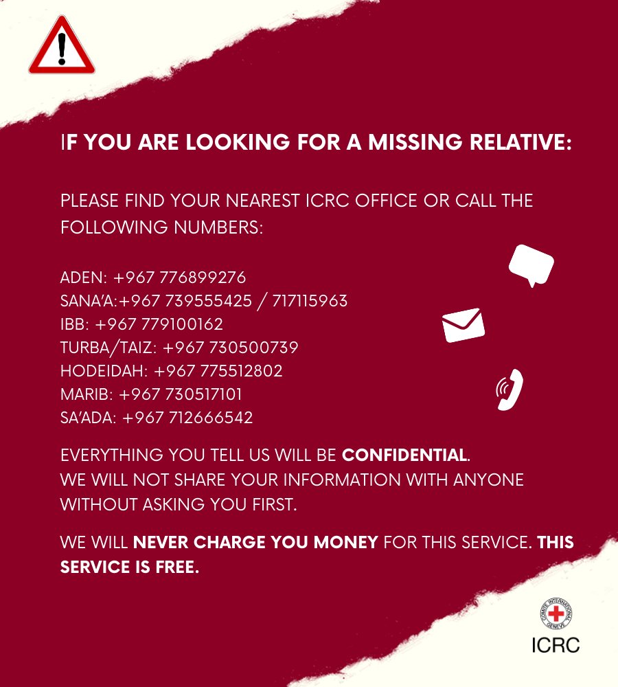 All services and assistance provided by the ICRC are free of charge. Beware of scams; the ICRC never requests any money in exchange for its services and assistance.