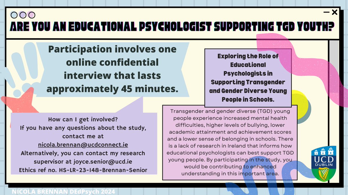 SeaneenSloan's tweet image. A @SchoolofEdUCD trainee educational psychologist is looking for participants for doctoral research on transgender &amp;amp; gender diverse youth in schools

If you:
✅ are a psychologist practising within Ireland, and
✅ would be interested in being interviewed… 
… please see below 🙏