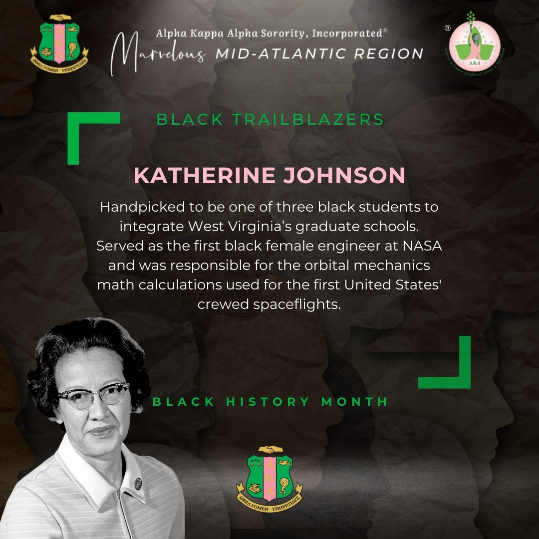 Katherine Johnson was the first African American female NASA mathematician…a real trailblazer and a leader in space research and flights. ✈️✈️

Sister Katherine was a member of the Lambda Omega Chapter in the Marvelous Mid-Atlantic Region.🩷💚#BHM2024 #MARConnects