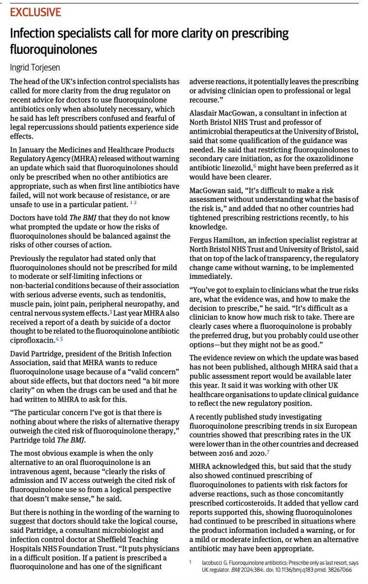 I and others provide some comment about the @MHRApress decision to essentially ban fluoroquinolones. Leaves infection doctors in a pickle. 

bmj.com/content/384/bm…

Thanks <a href="/bmj_latest/">The BMJ</a> for the opportunity to comment. We have more on this soon.