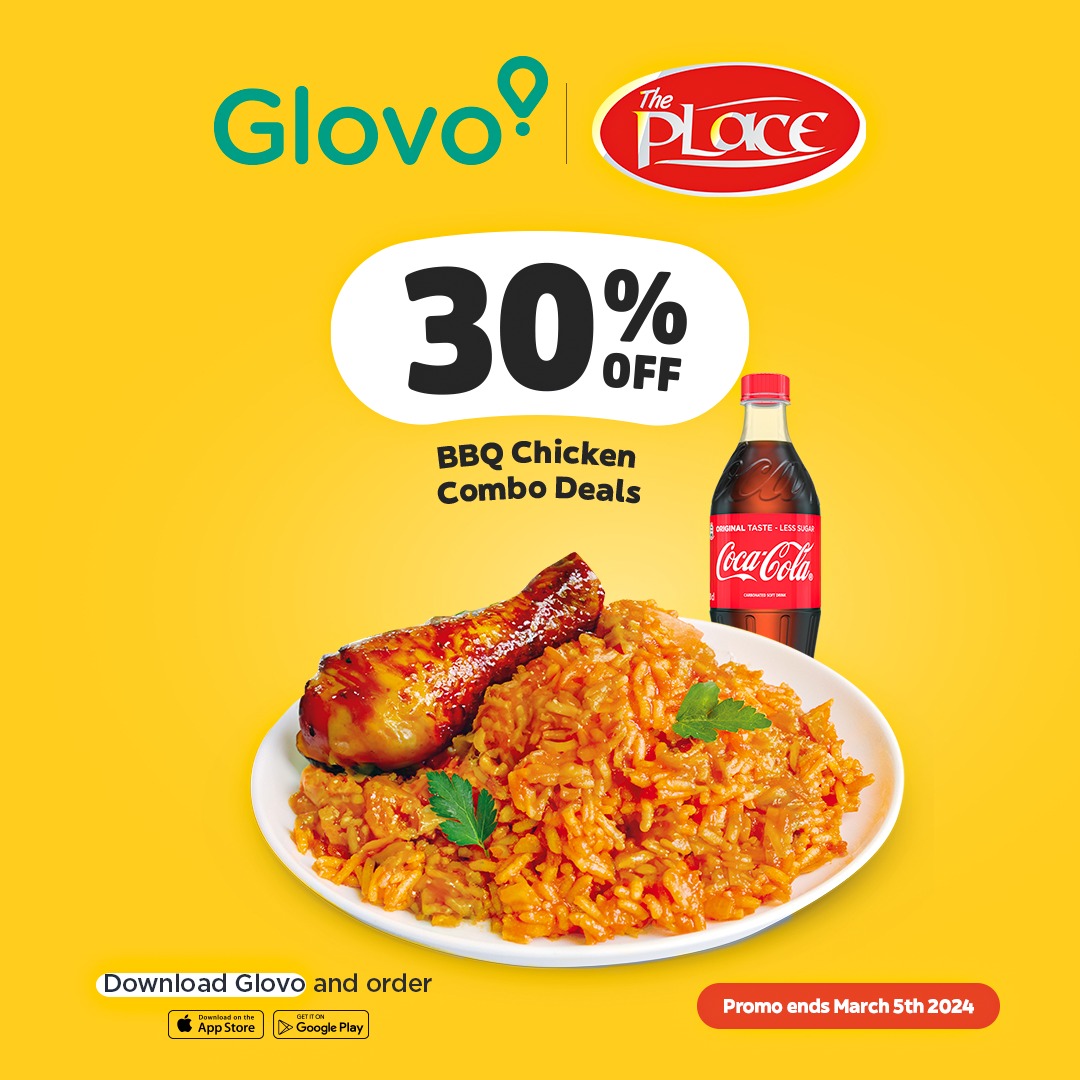 Enjoy delicious meals with a mouthwatering 30% discount when you order from The Place restaurant on Glovo!🥳 Download the Glovo app, place an order and savour the taste of affordability🤳🏽🚴