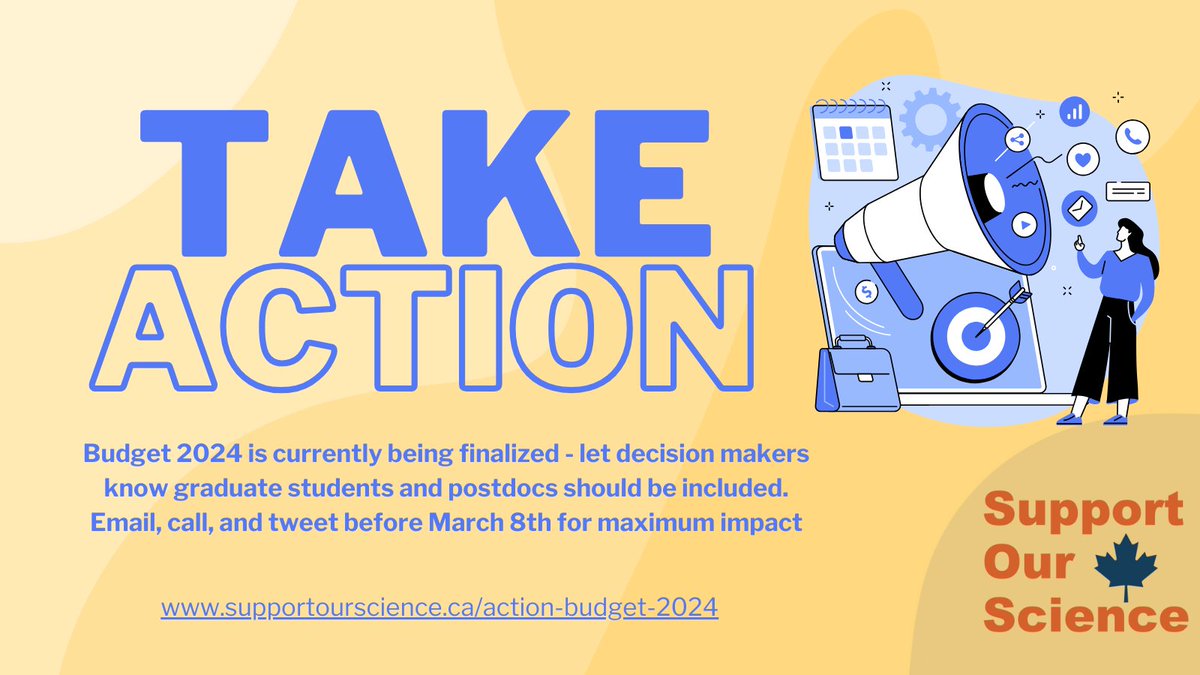 Budget 2024 is currently being finalized - and after 20 years of stagnant funding, it's about time graduate students and postdoctoral scholars are included! 

Use the link to call, email, and tweet at decision-makers before March 8th👇#SupportOurScience

supportourscience.ca/action-budget-…