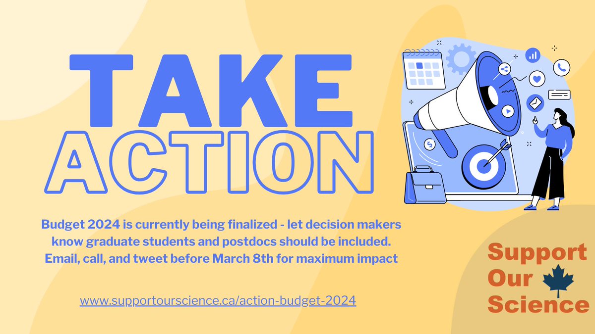 Budget 2024 is currently being finalized - and after 20 years of stagnant funding, it's about time graduate students and postdoctoral scholars are included! Use the link to call, email, and tweet at decision-makers before March 8th👇#SupportOurScience supportourscience.ca/action-budget-…