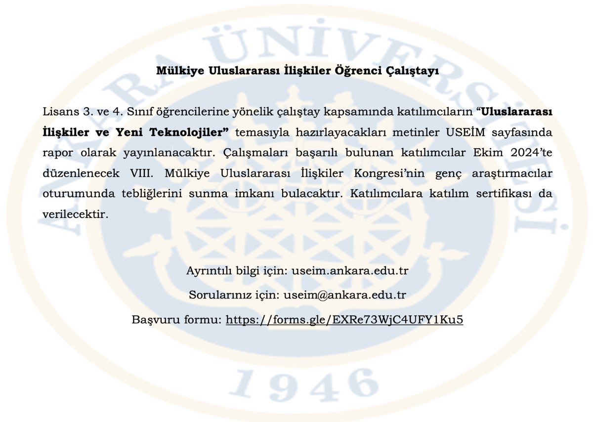 Bölümümüzün A.Ü. Uluslararası Siyasi ve Ekonomik İlişkiler Araştırma ve Uygulama Merkezi (USEİM) ile ortaklaşa düzenleyeceği, 3. ve 4. sınıf lisans öğrencilerine yönelik 'Mülkiye Uluslararası İlişkiler Öğrenci Çalıştayı'nın ilan metni yayınlandı: useim.ankara.edu.tr/tr/2024/02/19/…