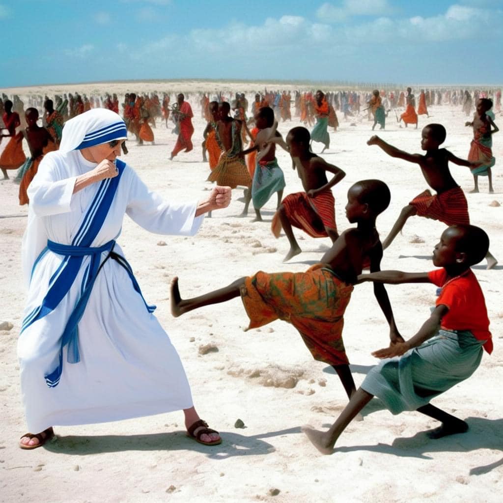 AI generated picture of Mother Teresa fighting poverty. 

#Memes #ai #ArtificialIntelligence #ainewshub #latestainews #ElonMusk #parody
