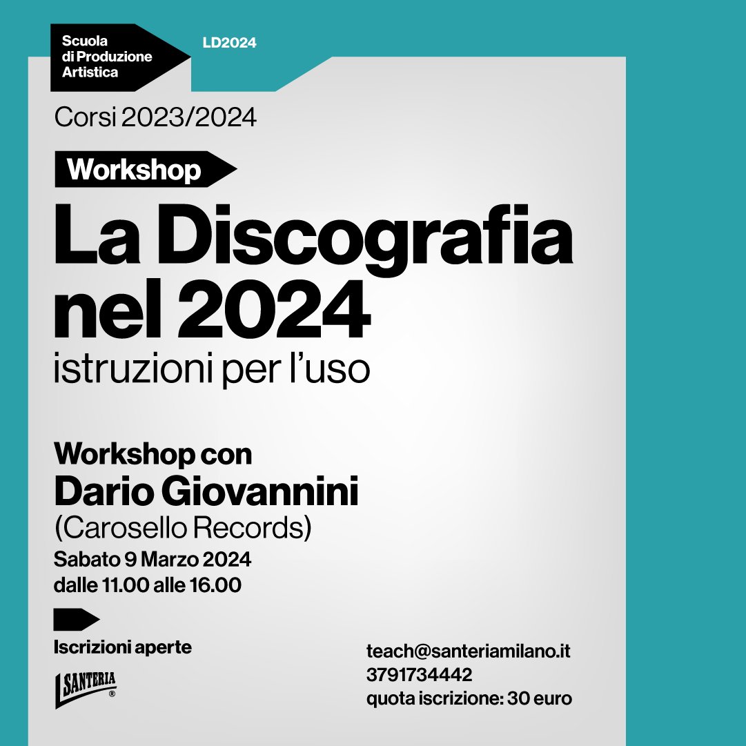 🎶Il workshop esplora il ruolo in evoluzione delle case discografiche, dall'ideazione artistica alla strategia di lancio. Un viaggio verso il futuro della musica! 🚀 Per tutte le informazioni e per iscriverti, clicca qui 👉 tinyurl.com/Discografia2024 #MusicIndustry #santeriamilano