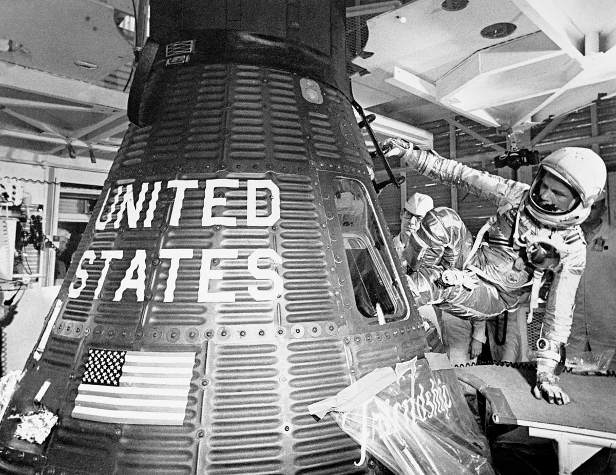 USSMAEJEMISON's tweet photo. Astronaut John Glenn enters the Mercury spacecraft, Friendship 7, prior to the launch of Mercury-Atlas 6 (MA-6) on Feb. 20, 1962. The MA-6 mission was the first crewed orbital flight and Glenn became the first American to orbit the Earth during the three-orbit mission. https://t.co/ezHE4vESnR