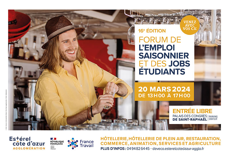 Vous cherchez 1️⃣ emploi ?
<a href="/EsterelCoteAzur/">Estérel Côte d'Azur</a> Agglomération &amp; <a href="/FTravail_83/">France Travail Var</a> #StRaphael &amp; #Fréjus proposent le Forum de l’#Emploi #Saisonnier &amp; des #Jobs #Etudiants
➕ de 1000 offres (animation, hôtellerie, restauration, commerce) 
Rdv le 20/03, de 13h>17h Palais des Congrès StRaphael