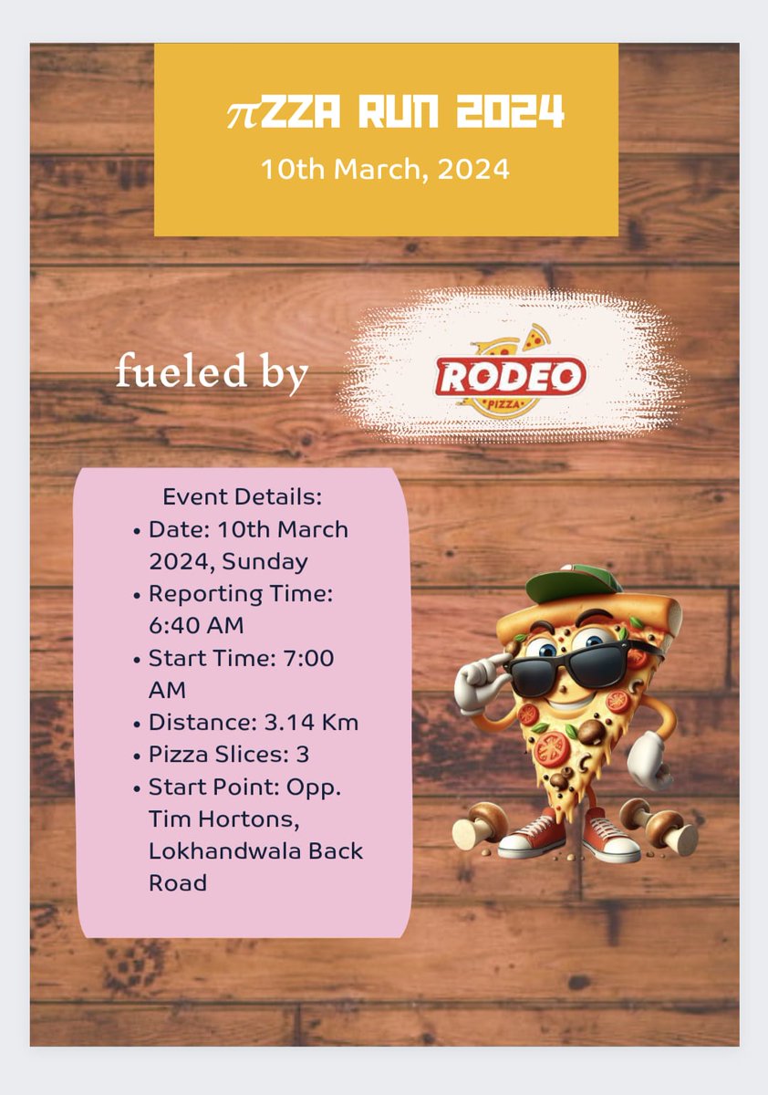 anandbhatia75's tweet image. Mark the date.

πzza run. 10 th March 2024.
Sign up
docs.google.com/forms/d/e/1FAI…
@therodeopizza 

@AndheriLOCA 

#pizza #piday #pizzarun #πday